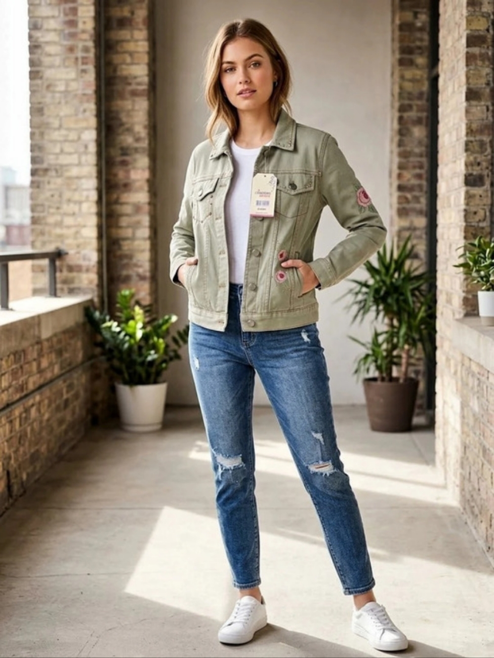 Comfort Denim Embroidered Jean Jacket Green & Pink Medium